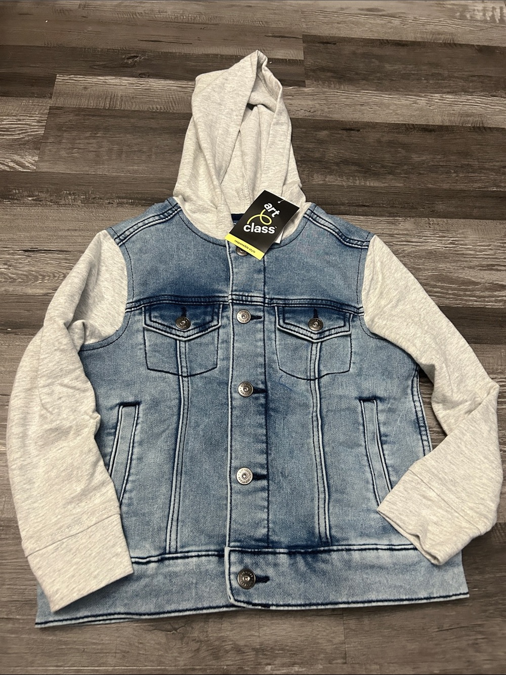 art class Light Blue Denim Jacket with Gray Hoodie and Sleeves